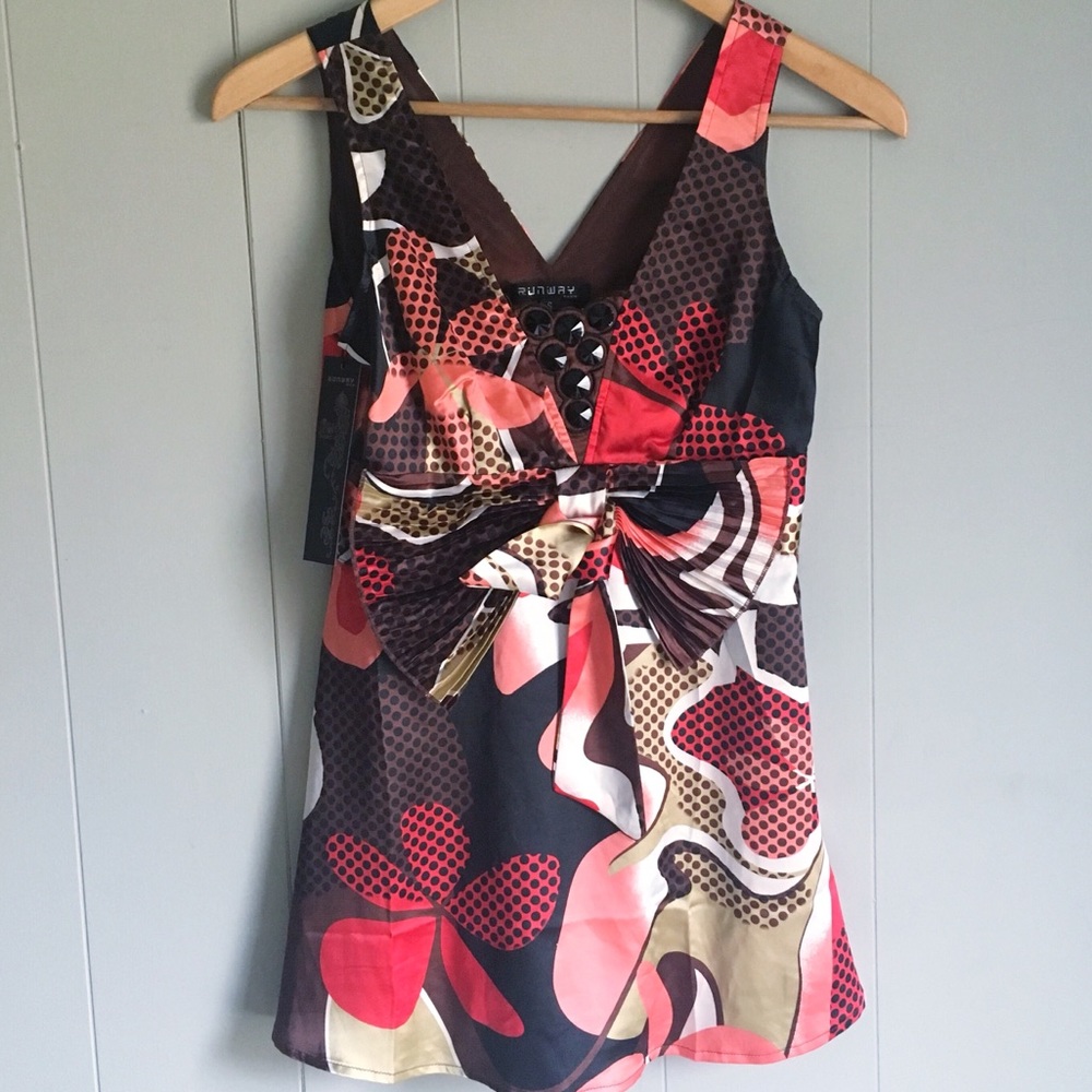 RUNWAY Ladies S Pleated Red Bow Tank Blouse